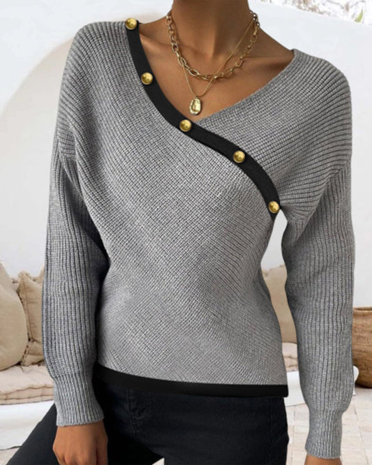Modefest- Lässiger Patchwork-Pullover mit V-Ausschnitt Grau