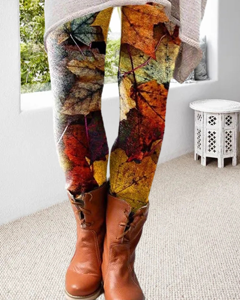 Modefest- Leggings mit kontrastierendem Blätter-Print