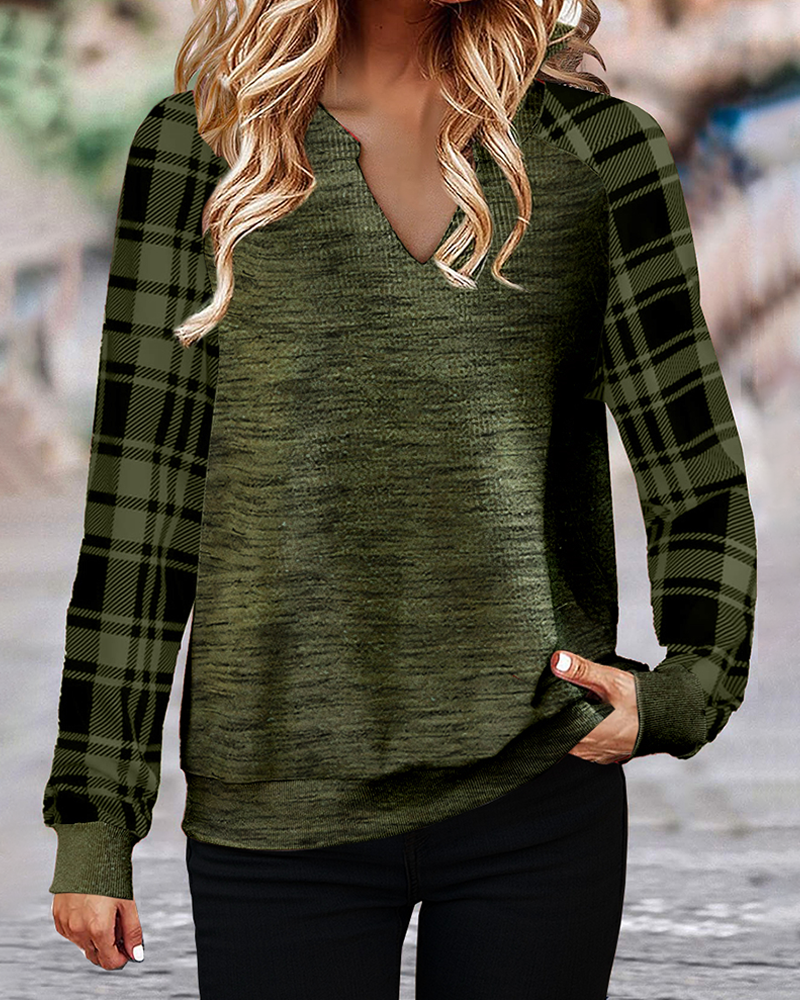 Casual plaid printed long sleeve v-neck top