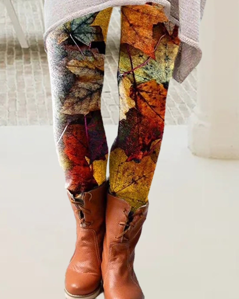 Modefest- Leggings mit kontrastierendem Blätter-Print