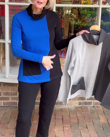 Casual sweatshirt with turtleneck and pocket in color block print