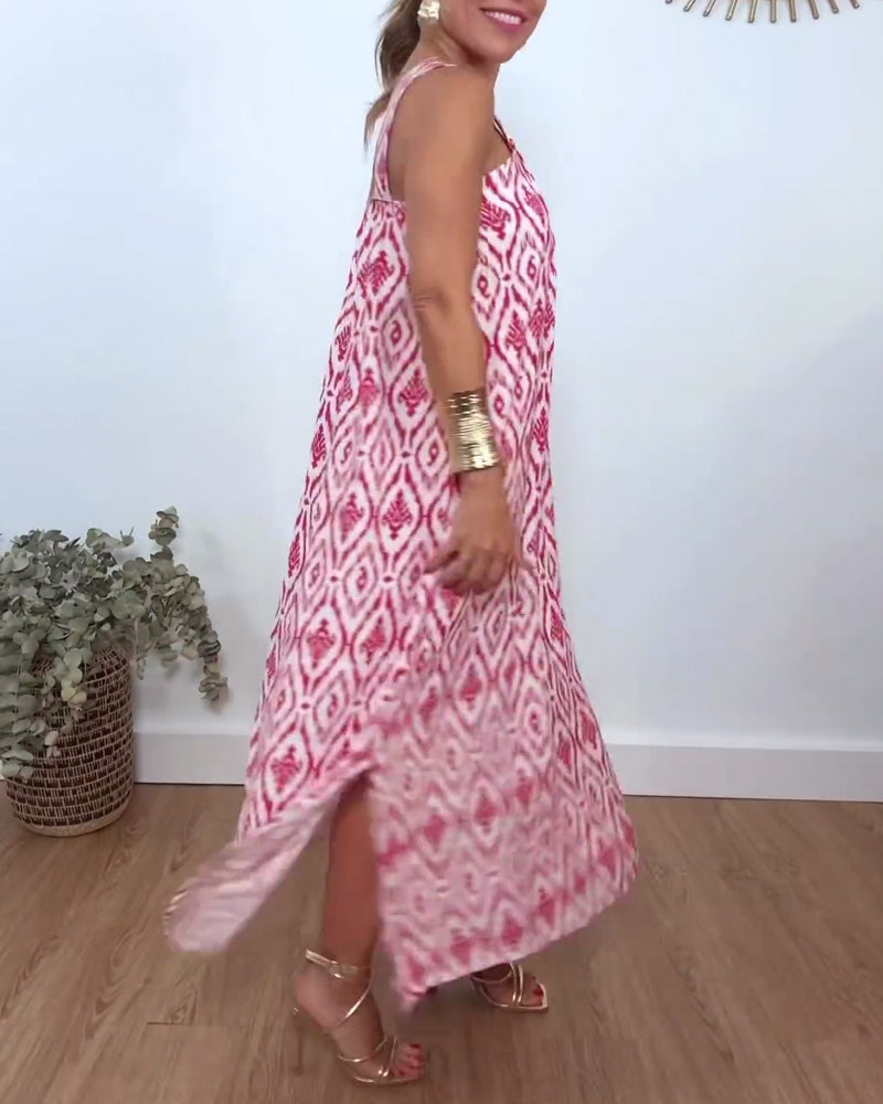 Printed sleeveless casual dress with slit