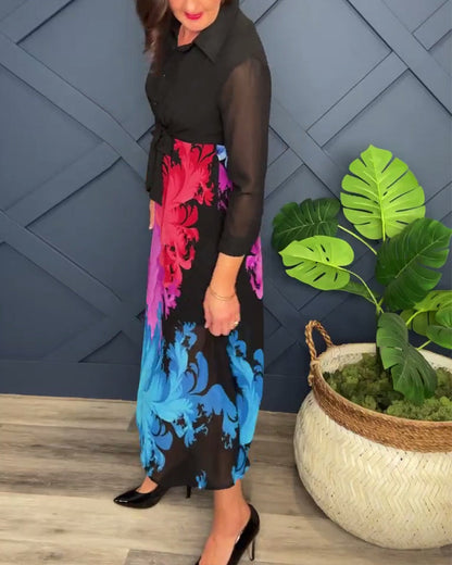 Vestido elegante con bolsillo estampado de colores y cordones.