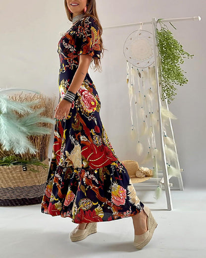 Elegant printed short sleeve V-neck dress