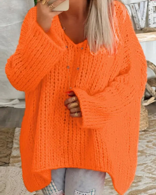 Modefest- V-Ausschnitt Lose gestrickter Pullover Orange