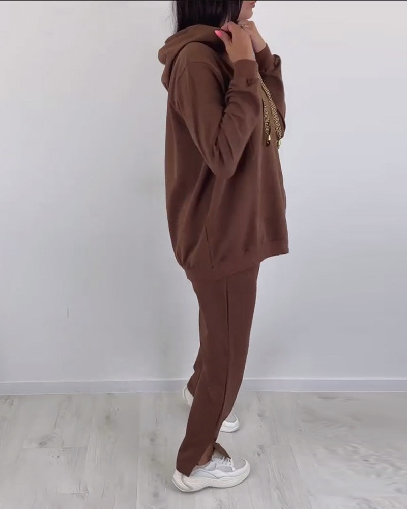 Casual solid color hoodie set with slit