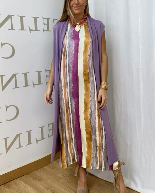 Modefest- Ärmelloses kleid-cardigan-set mit batik-streifendruck