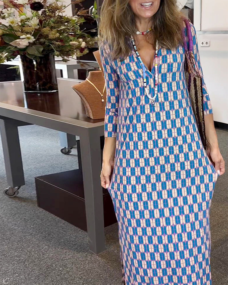 Casual printed v-neck slit dress