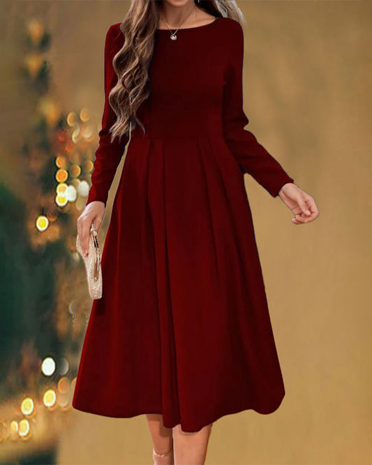Modefest- Einfarbiges kleid mit rundhalsausschnitt und langen ärmeln Weinrot