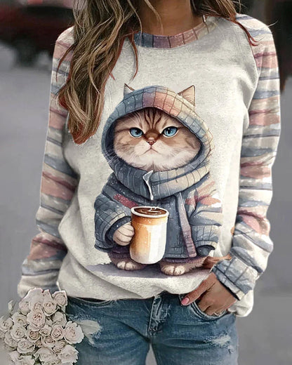 Modefest- Süßes Sweatshirt mit Katzenmuster