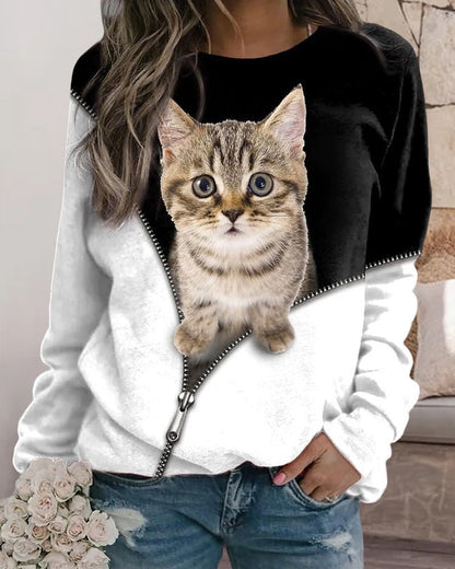 Modefest- Langarm-Sweatshirt mit Rundhalsausschnitt und Katzen-Print
