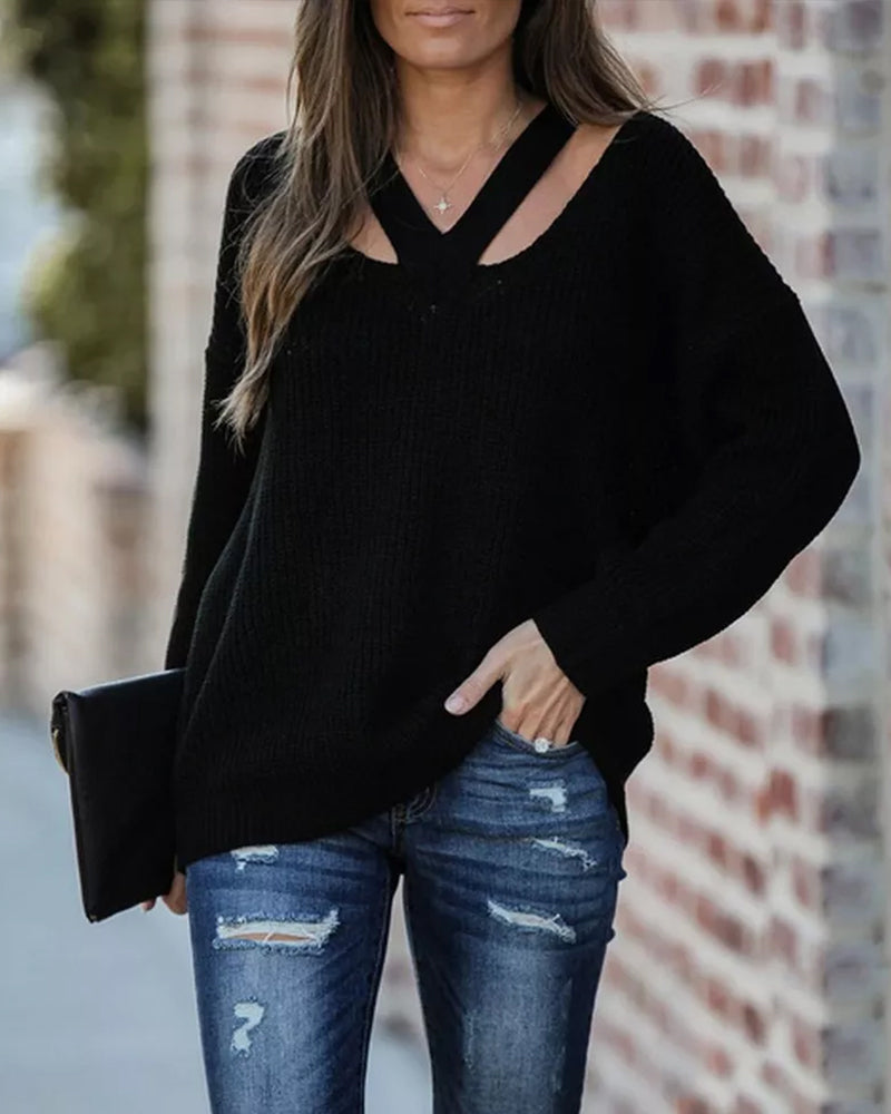 Modefest- Einfarbiger Pullover mit V-Ausschnitt Schwarz
