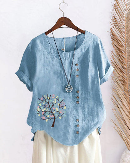 Modefest- Rundhals-T-Shirt mit Blätterdruck Blau