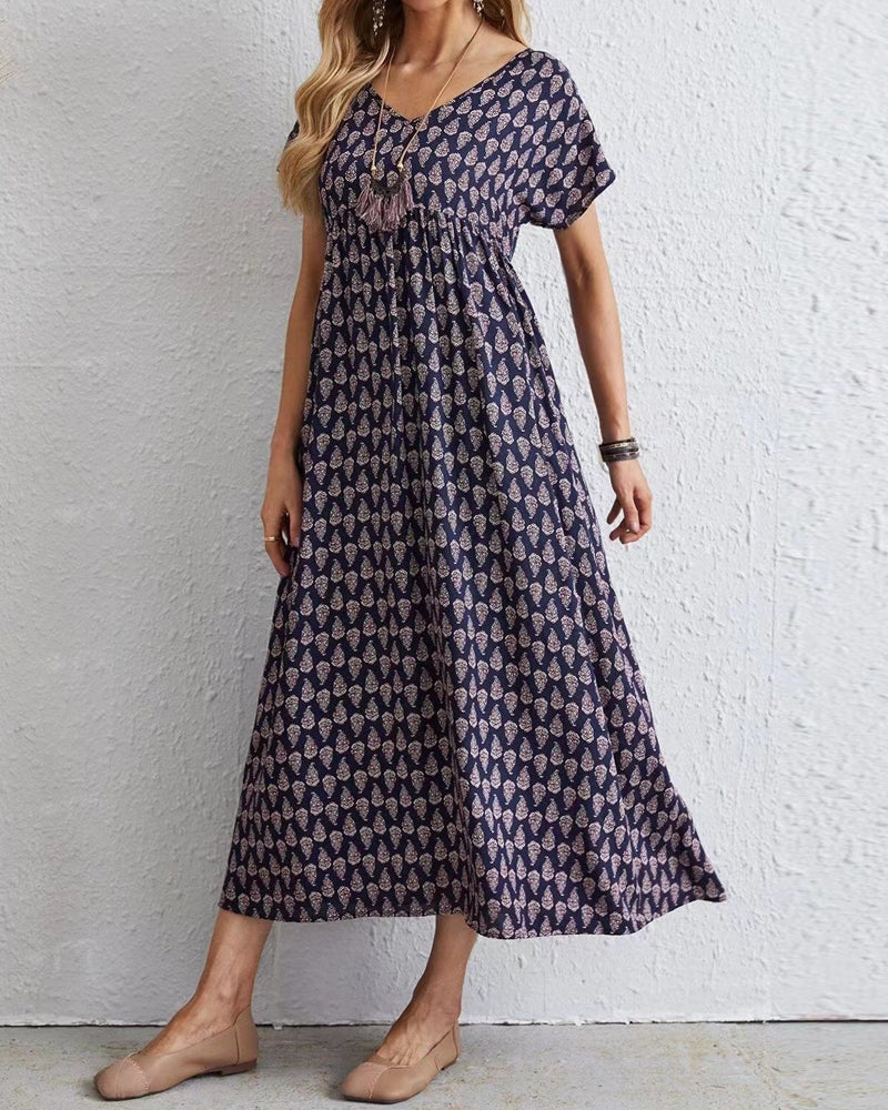 Modefest- Langes Kleid mit V-Ausschnitt und kurzen Ärmeln Marineblau