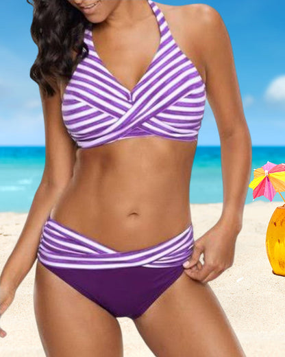 Modefest- Neckholder-Bikinis im Streifendruck Violett