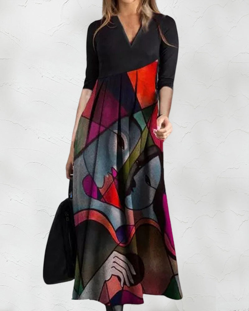 Modefest- Langärmliges plissiertes A-Linien-Kleid mit Farbblockmuster Rot
