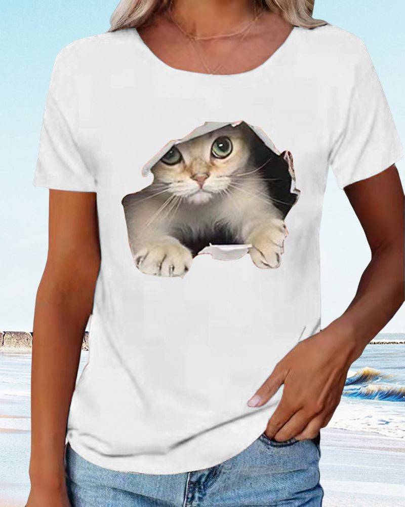 Modefest- T-Shirt mit zerrissenem Katzen-Print Weiß-3