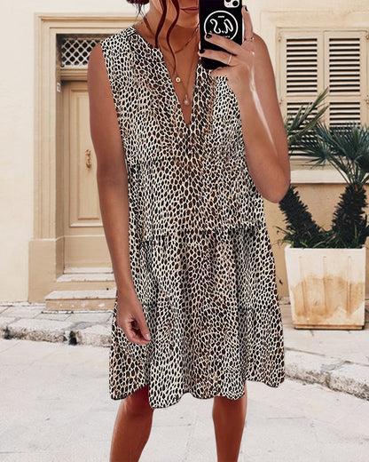 Modefest- Ärmelloses Kleid mit V-Ausschnitt und Leopardenmuster