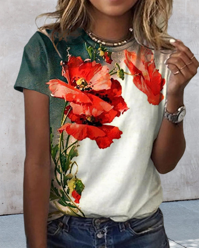 Modefest- T-Shirt mit Blumendruck und Rundhalsausschnitt mit kurzen Ärmeln