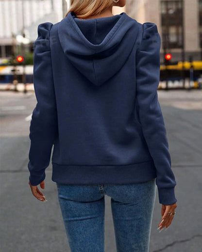 Casual puff sleeve solid color hoodie