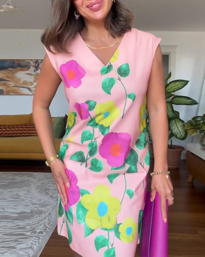 Vestido elegante sem mangas com estampa floral e bolso