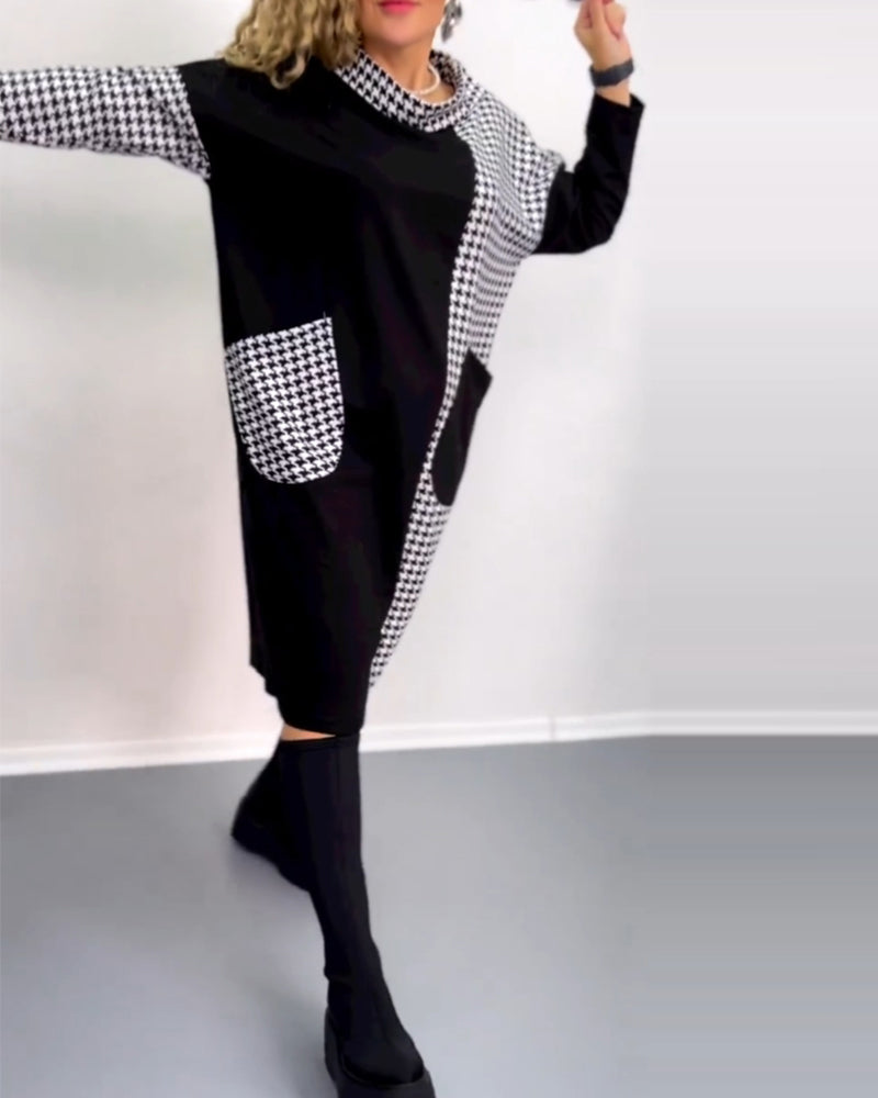 Modefest- Kariertes Farbblockkleid mit Rundhalsausschnitt
