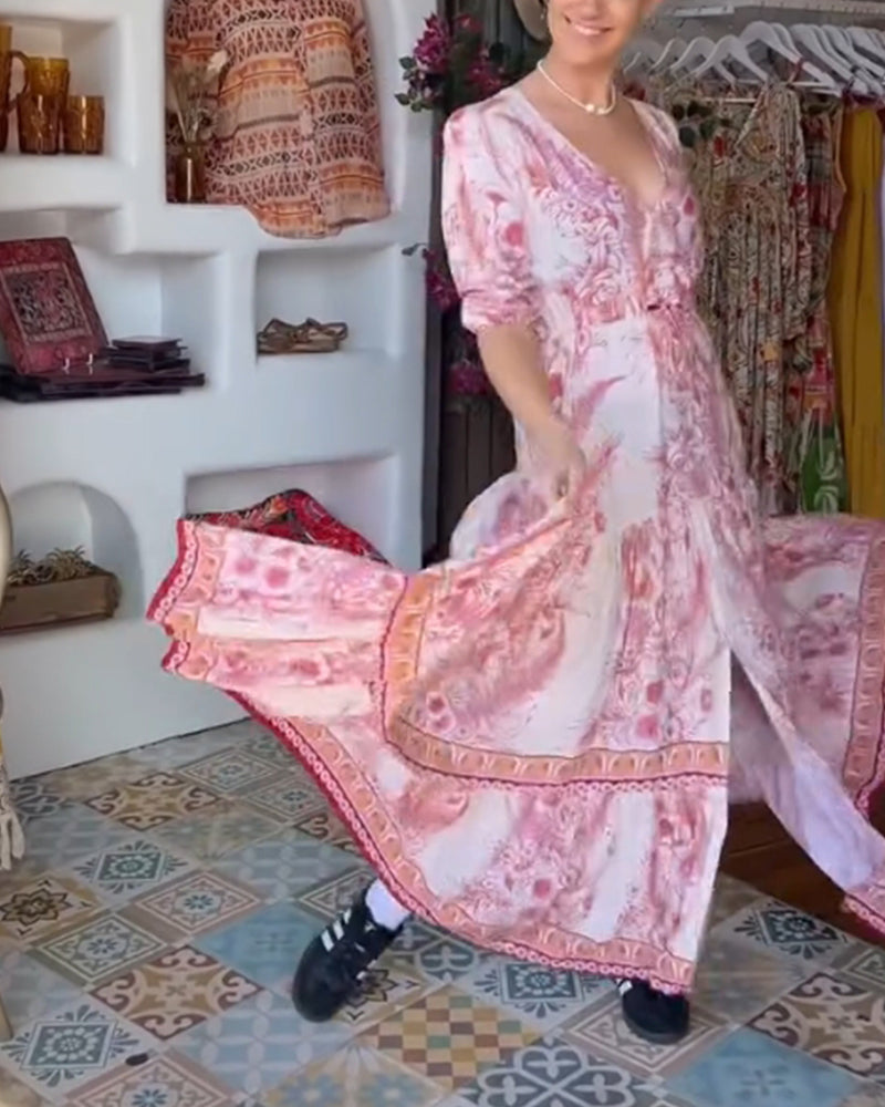 Modefest- Langes, elegantes langes Kleid mit Blumendruck und vollem Saum