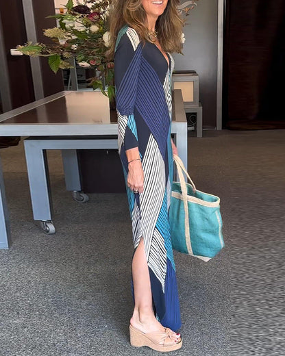 Casual geometric pattern v-neck slit dress