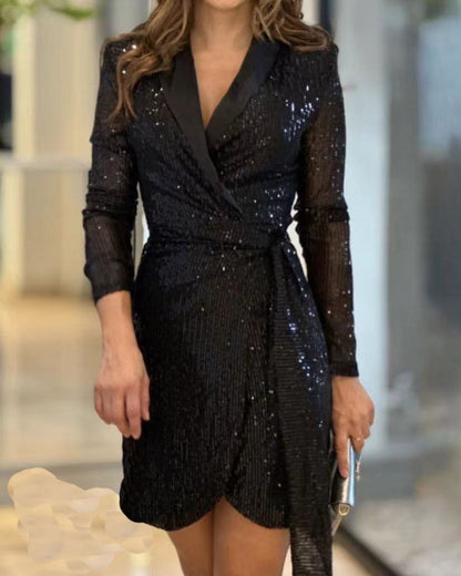 Modefest- Kleid im Party-Stil mit Revers und langen Ärmeln Schwarz