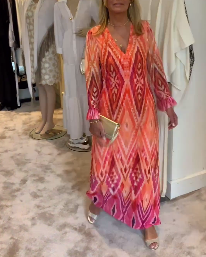 Modefest- Langärmliges Kleid mit tiefem V-Ausschnitt und geometrischem Print im Retro-Look