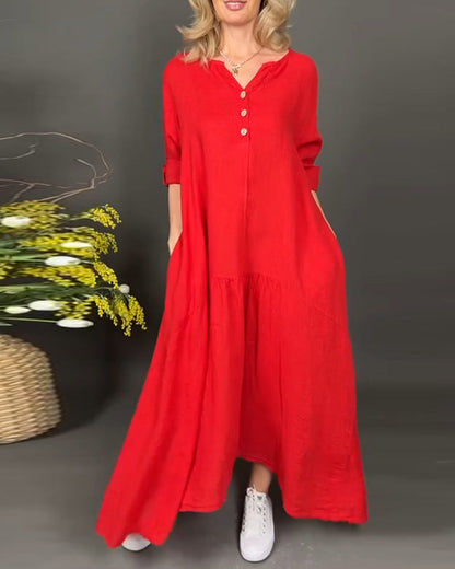 Modefest- Kleid aus einfarbigem Baumwoll- und Leinenmaterial
