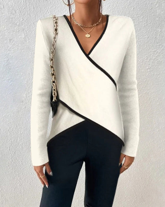 Modefest- Pullover mit Crossover-Anzeigen-V-Ausschnitt Weiß