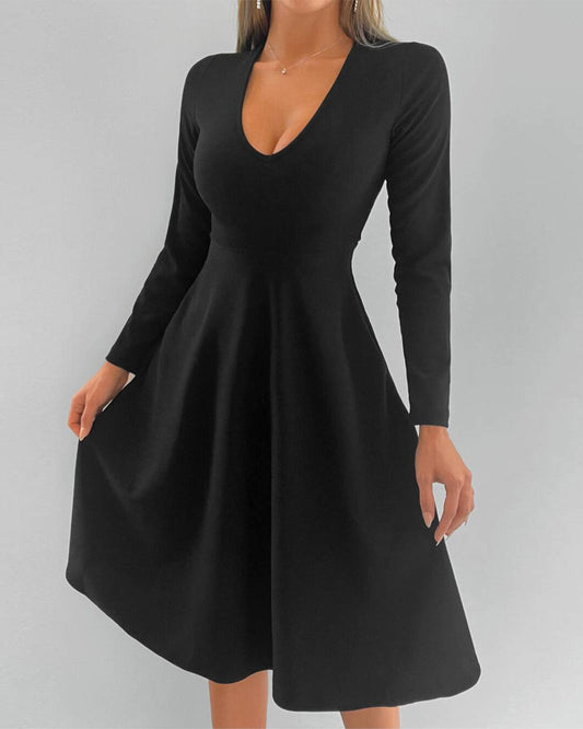 Modefest- Elegantes Kleid mit V-Ausschnitt und langen Ärmeln Schwarz