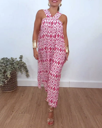 Printed sleeveless casual dress with slit