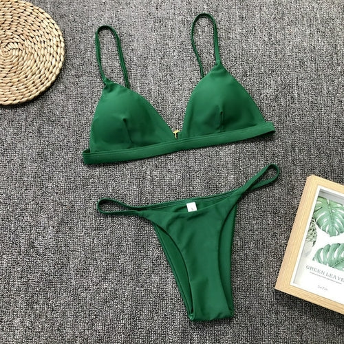 Modefest- 9 Farben Solid Bikini Set Sexy Push Up Bademode Damen Brasilianisch tintengrün