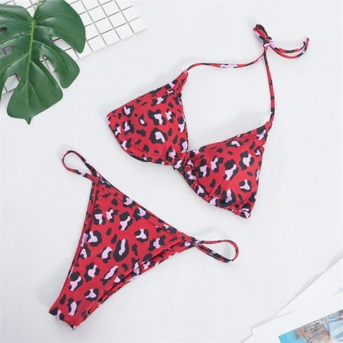 Modefest- 9 Farben Solid Bikini Set Sexy Push Up Bademode Damen Brasilianisch Roter Leopard