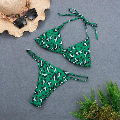 Modefest- 9 Farben Solid Bikini Set Sexy Push Up Bademode Damen Brasilianisch grüner Leopard