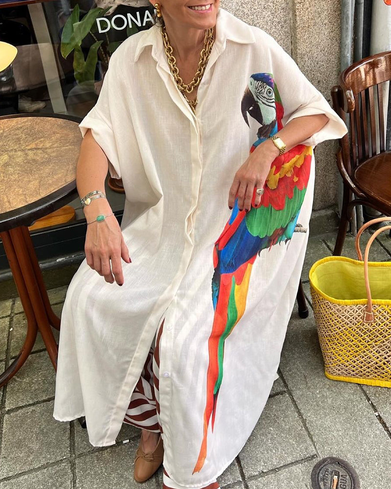 Modefest- Lockeres kleid mit papageien-print, reversknopf und dreiviertelärmeln