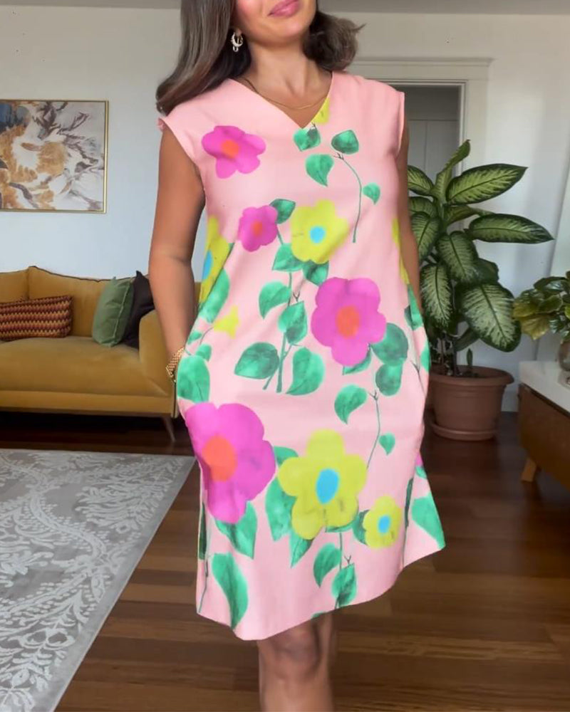 Vestido elegante sem mangas com estampa floral e bolso