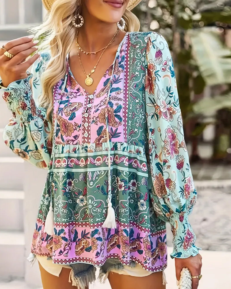 Ethnic style lantern sleeve blouse