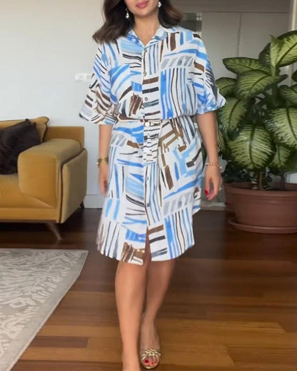 Casual printed dress with lapel and half sleeves