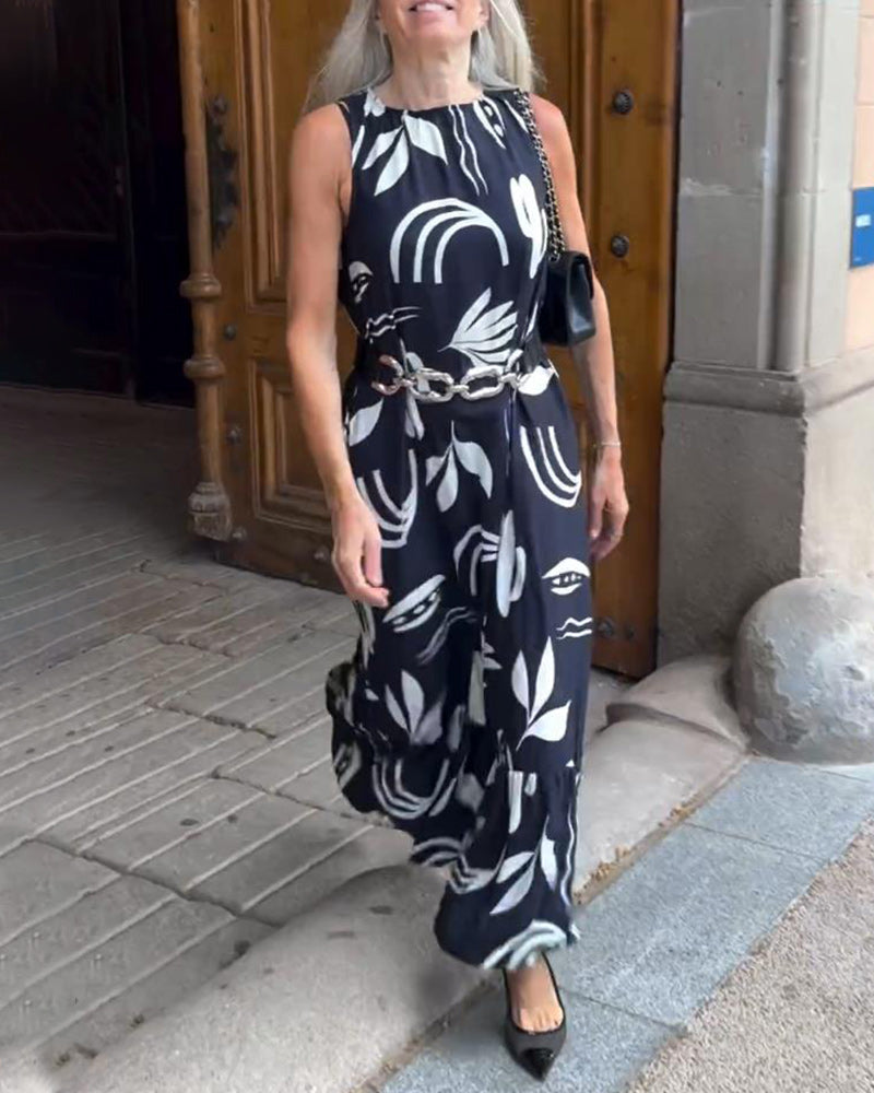 Robe tendance sans manches avec col rond et imprimé