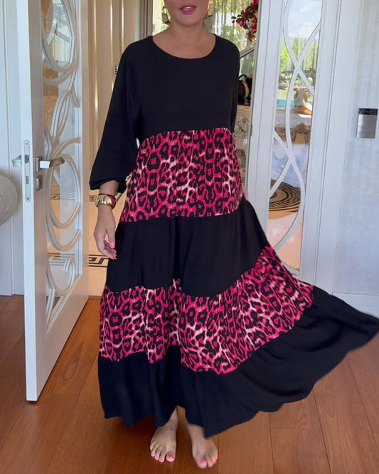 Casual leopard print round neck patchwork dress