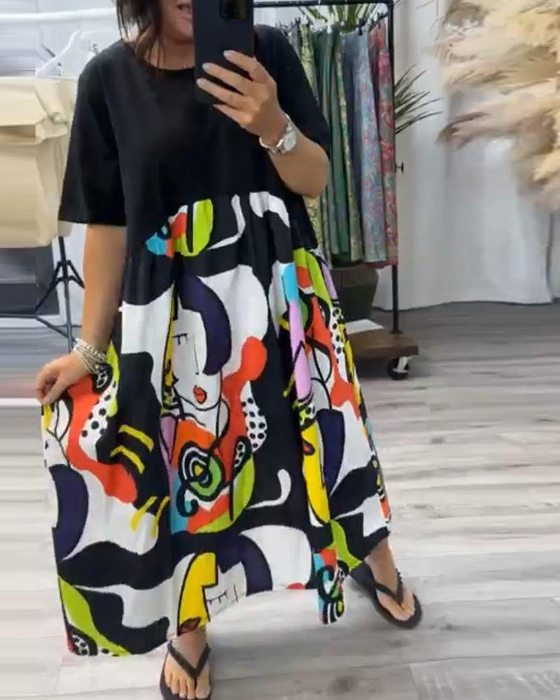 Casual, colorful printed patchwork dress with round neck