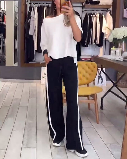 Casual straight leg striped pants set, one shoulder design