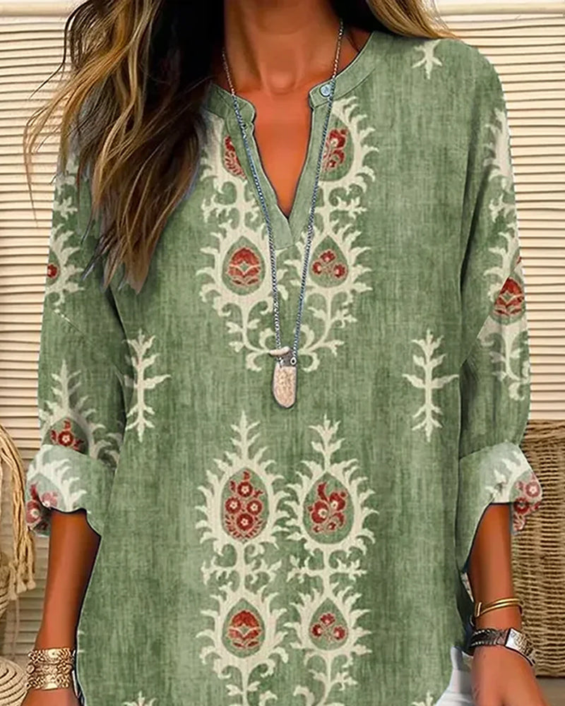 Modefest- Retro-bedruckte, geknöpfte bluse mit v-ausschnitt und langen ärmeln