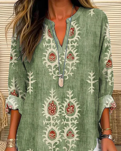 Modefest- Retro-bedruckte, geknöpfte bluse mit v-ausschnitt und langen ärmeln