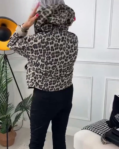 Long sleeve leopard print hooded coat