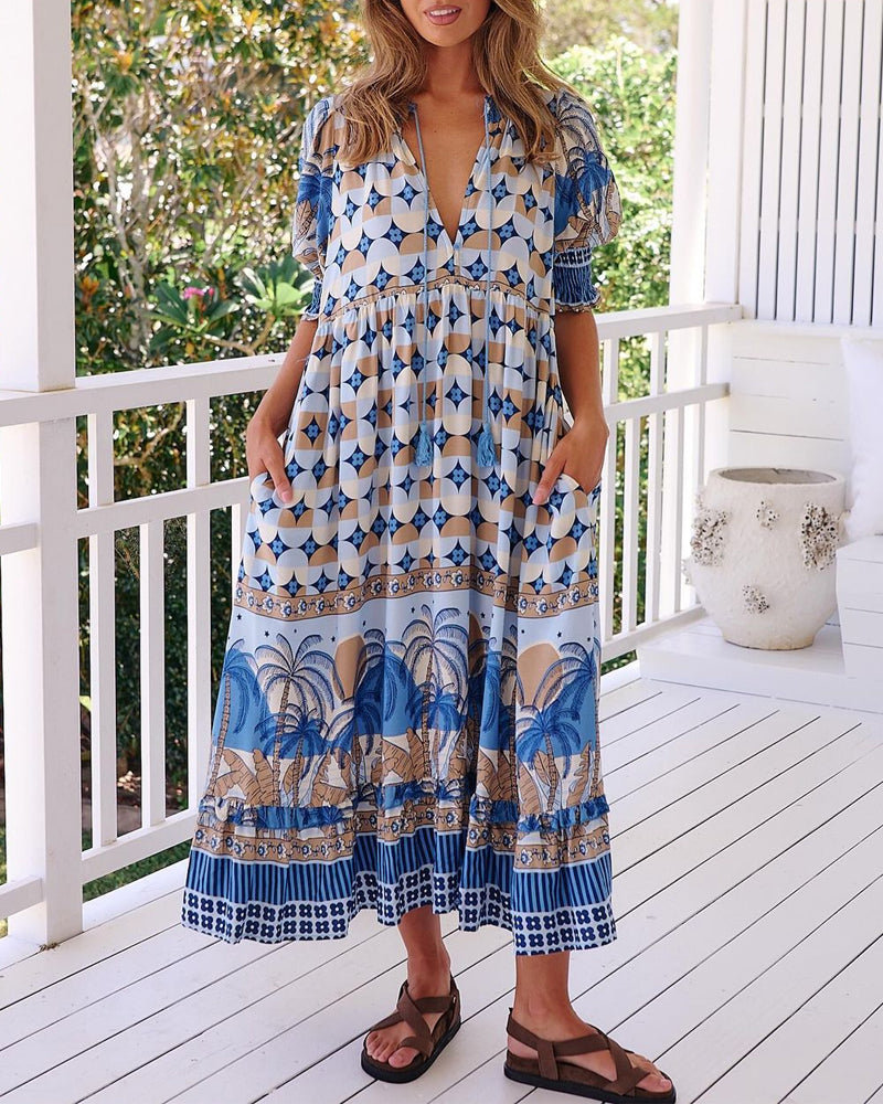 Printed v-neck half sleeve holiday dress