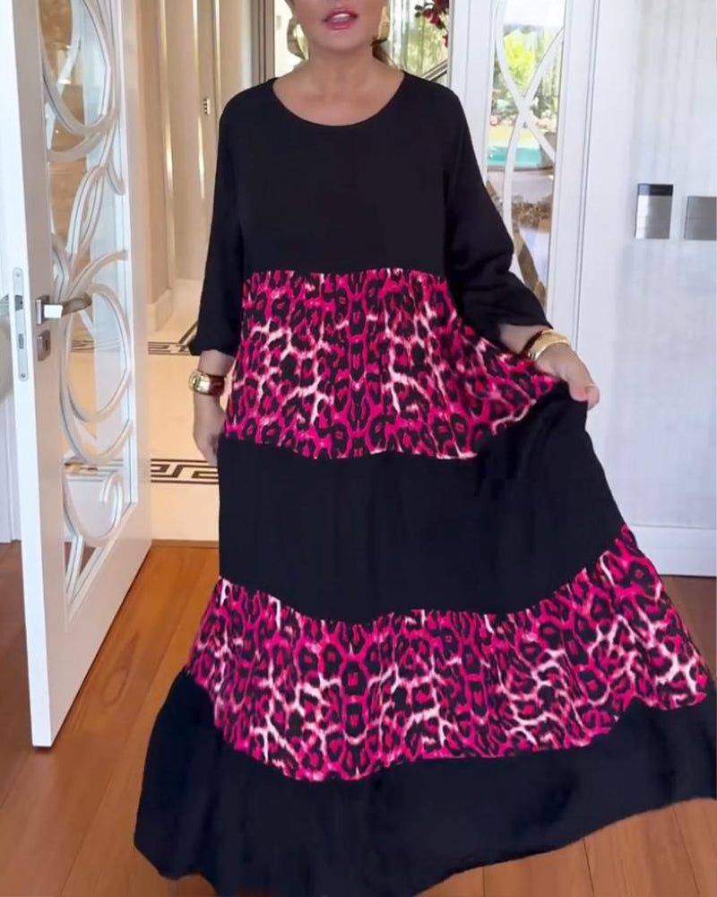 Casual leopard print round neck patchwork dress